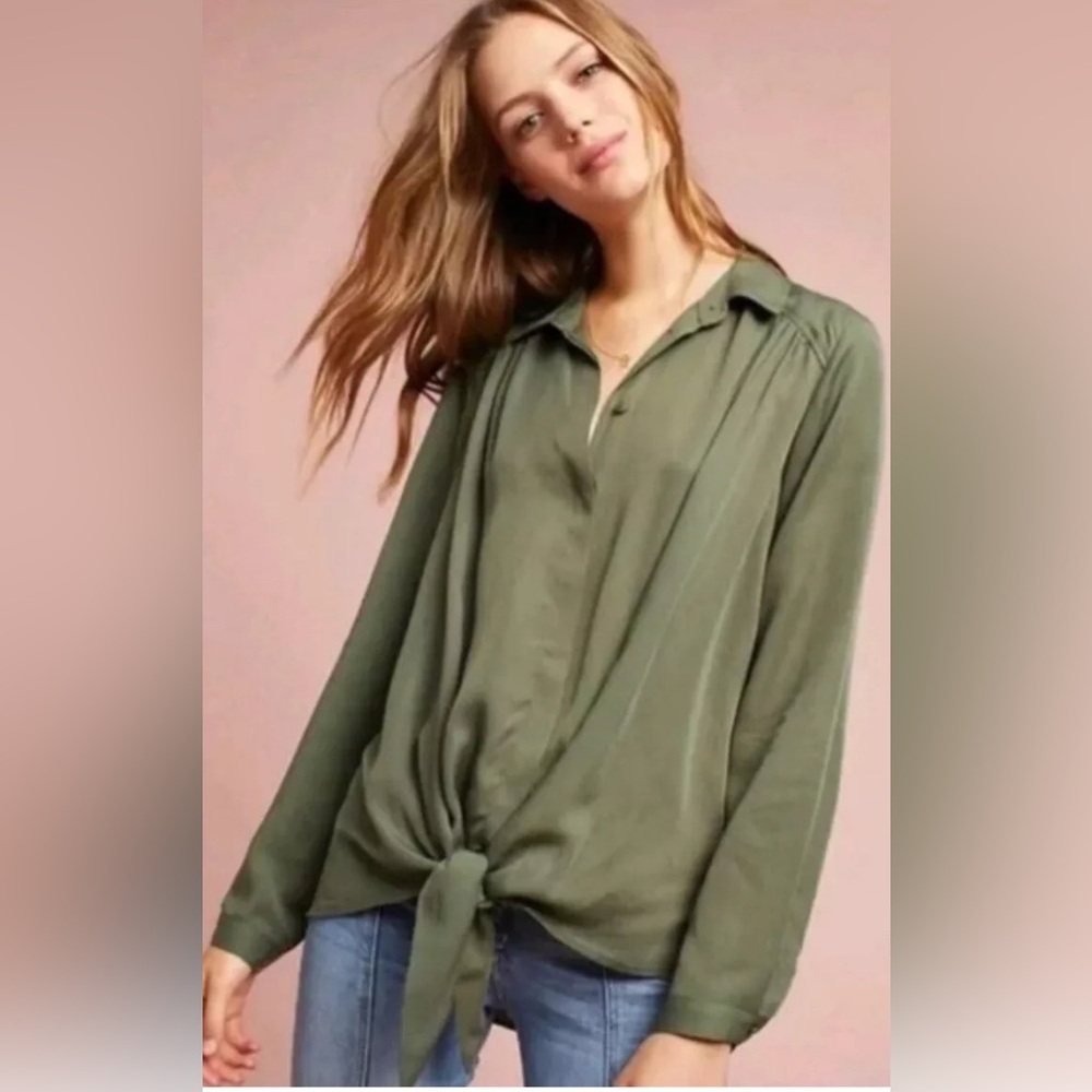 Maeve Anthropologie Tuesday Tie Green Tunic‎ Blouse SM